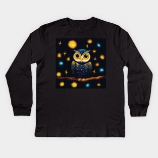 Owl on a Starry Night Kids Long Sleeve T-Shirt